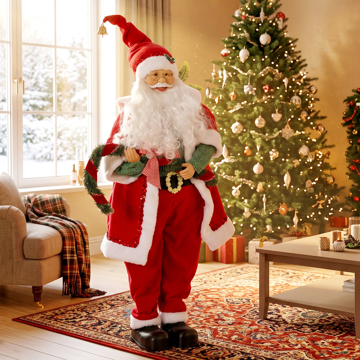 Papá Noel animado de 120 cm junto a un árbol de Navidad y una butaca en un salón