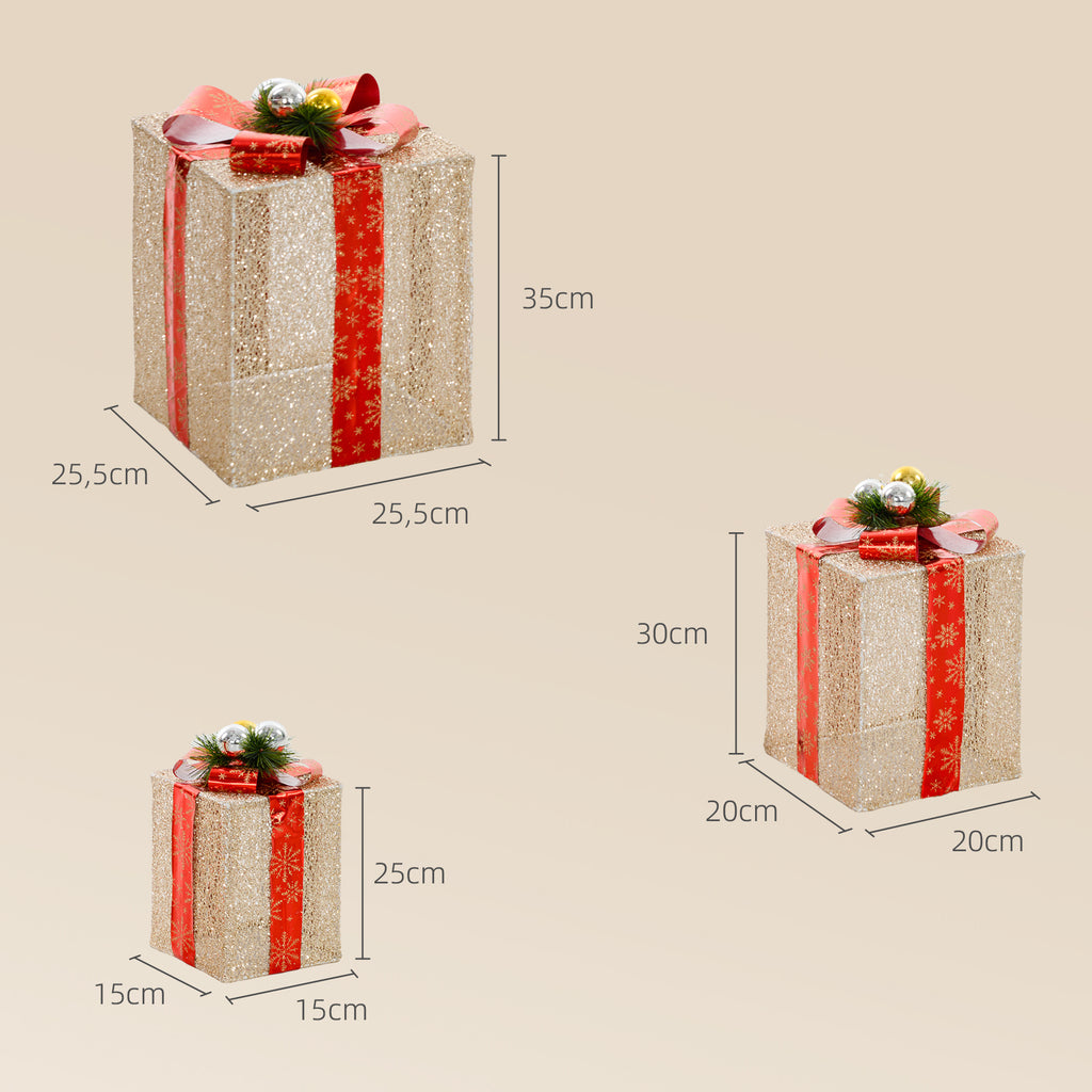 Medidas de las cajas de regalo: grande 25,5 × 25,5 × 35 cm, mediana 20 × 20 × 30 cm y pequeña 15 × 15 × 25 cm