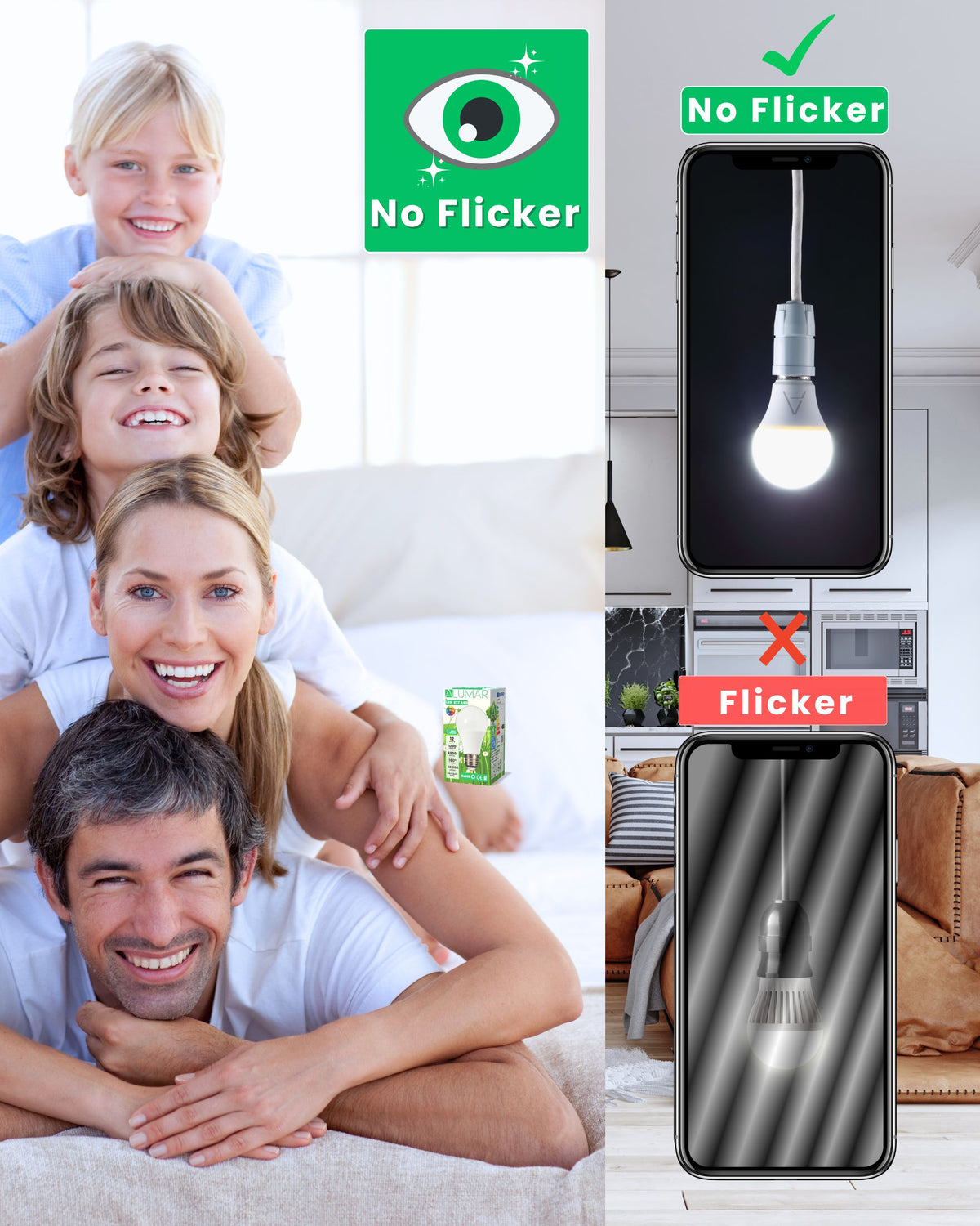 Bombilla LED E27 A60 6500K Blanco frío ALUMAR sin parpadeo: luz estable también vista con la cámara del móvil
