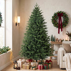 Árbol de Navidad de 180 cm en un salón con regalos y una corona