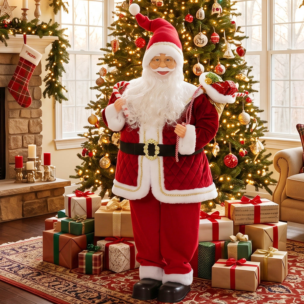 Papá Noel animado de 120 cm junto a un árbol de Navidad decorado y muchos regalos