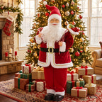 Papá Noel animado de 120 cm junto a un árbol de Navidad decorado y muchos regalos