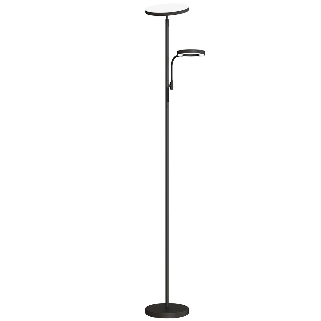 Lámpara de pie LED negra con luz principal y lámpara de lectura orientable, vista frontal sobre fondo blanco