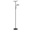 Lámpara de pie LED negra con luz principal y lámpara de lectura orientable, vista frontal sobre fondo blanco