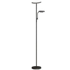Lámpara de pie LED negra con luz principal y lámpara de lectura orientable, vista frontal sobre fondo blanco