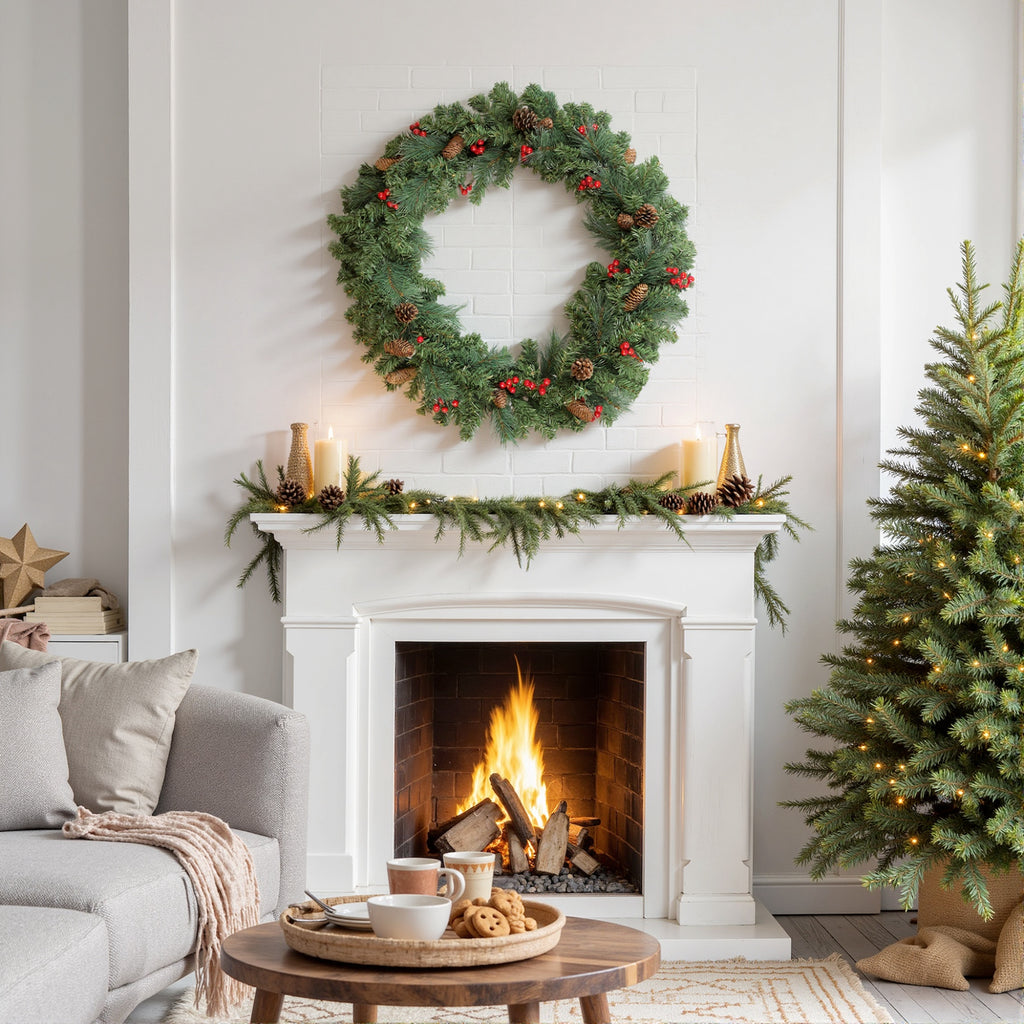 Corona y guirnalda de Navidad sobre una chimenea blanca junto a un árbol