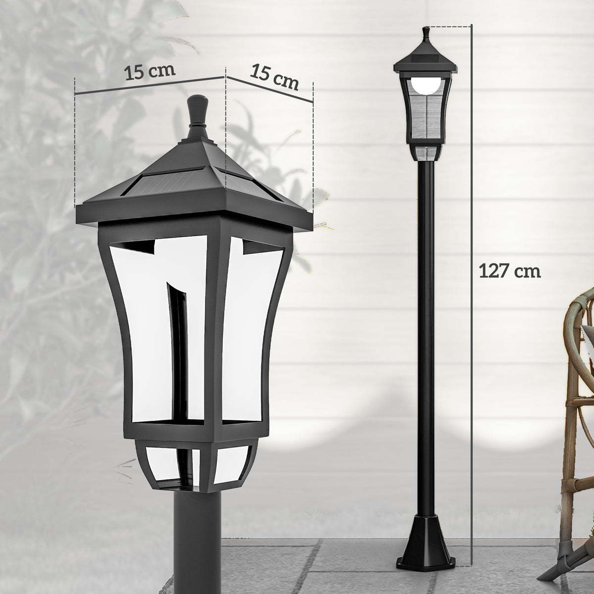 Medidas del farol solar: Ø 15 cm y 127 cm de alto