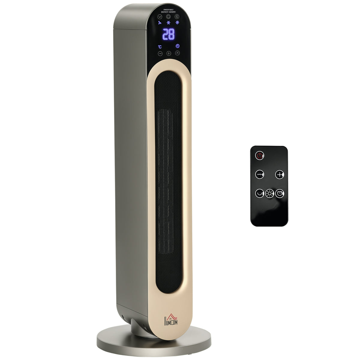 Calefactor cerámico de torre plata de 2200 W sobre fondo blanco