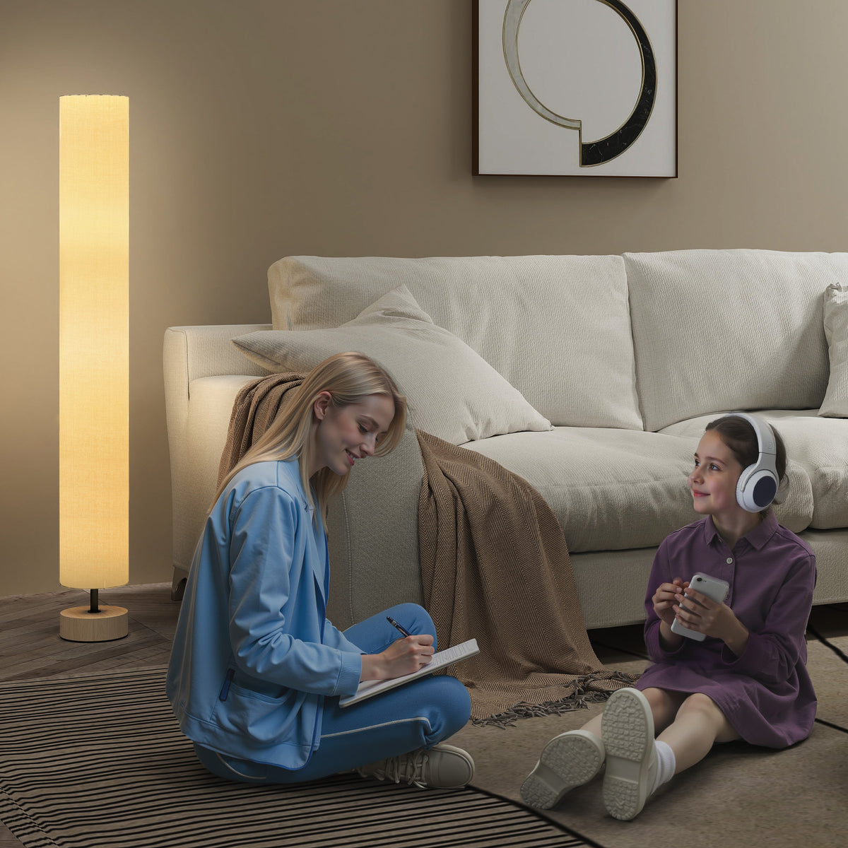 Lámpara de pie de lino beige con 2 luces E27, vista 7