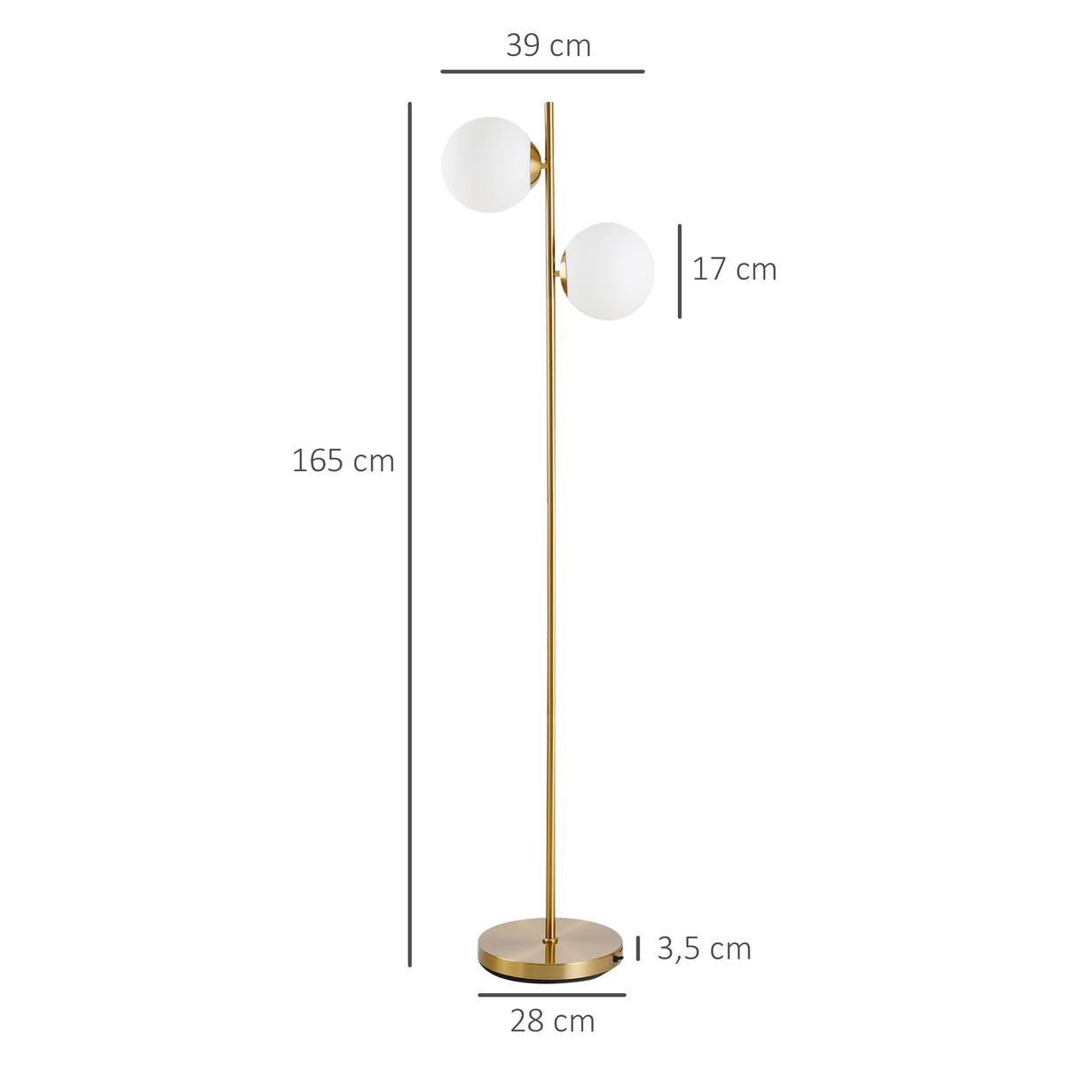 Medidas de la lámpara de pie: 165 cm de alto, 39 cm de ancho, globos de 17 cm y base de 28 cm