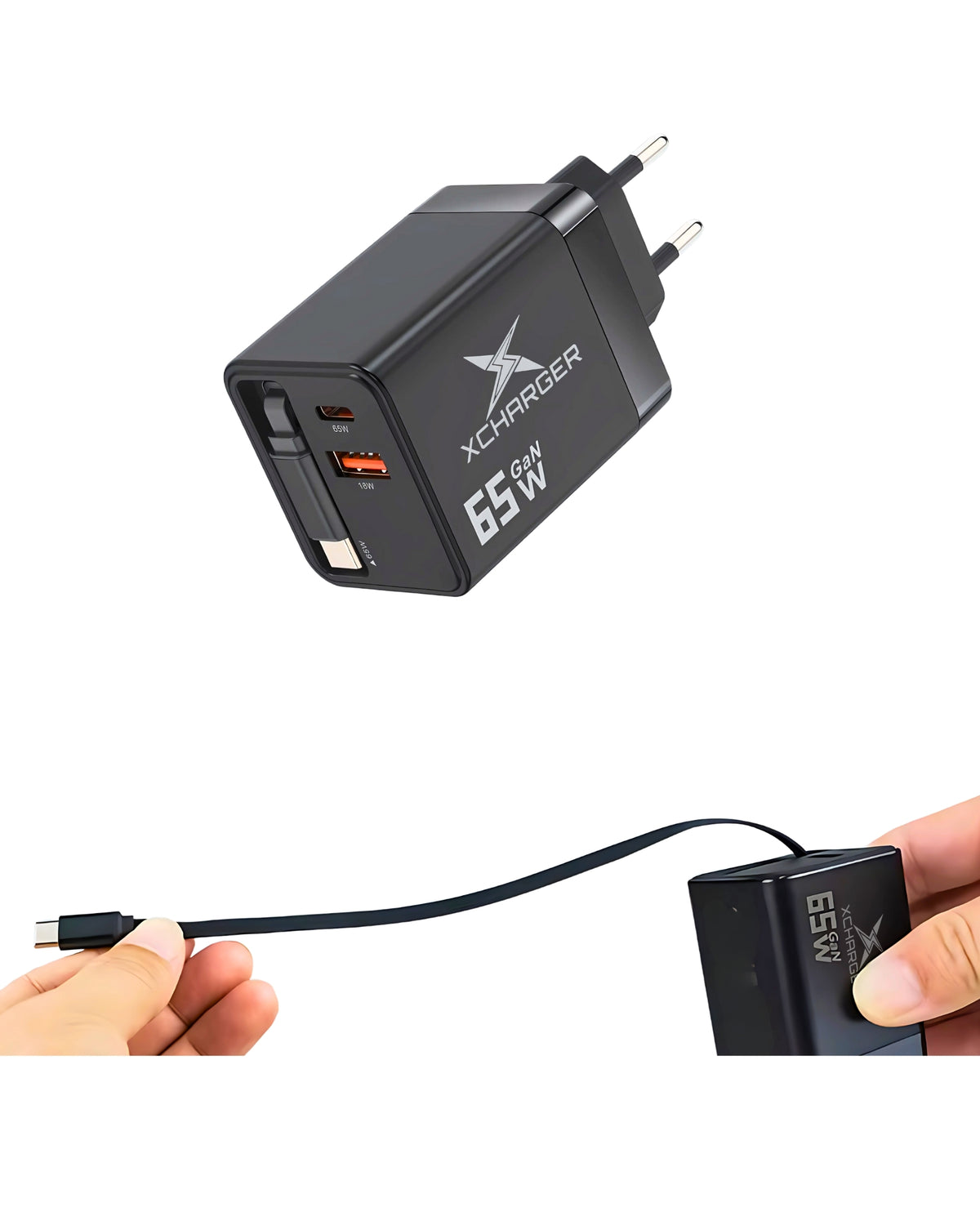 Cargador XCharger 65W GaN con cable USB-C retráctil, puerto USB-C y puerto USB-A, imagen de portada