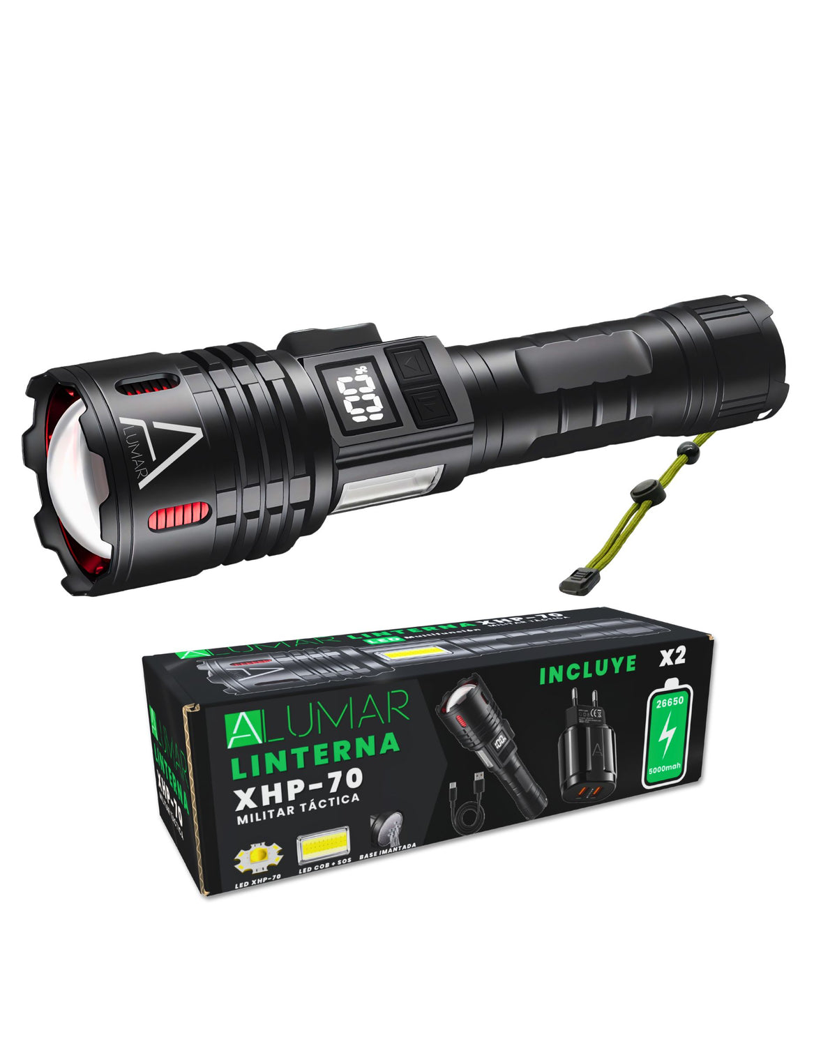 Caja y linterna LED XHP-70 Militar Táctica ALUMAR con accesorios incluidos: cargador, baterías 26650 y cable USB