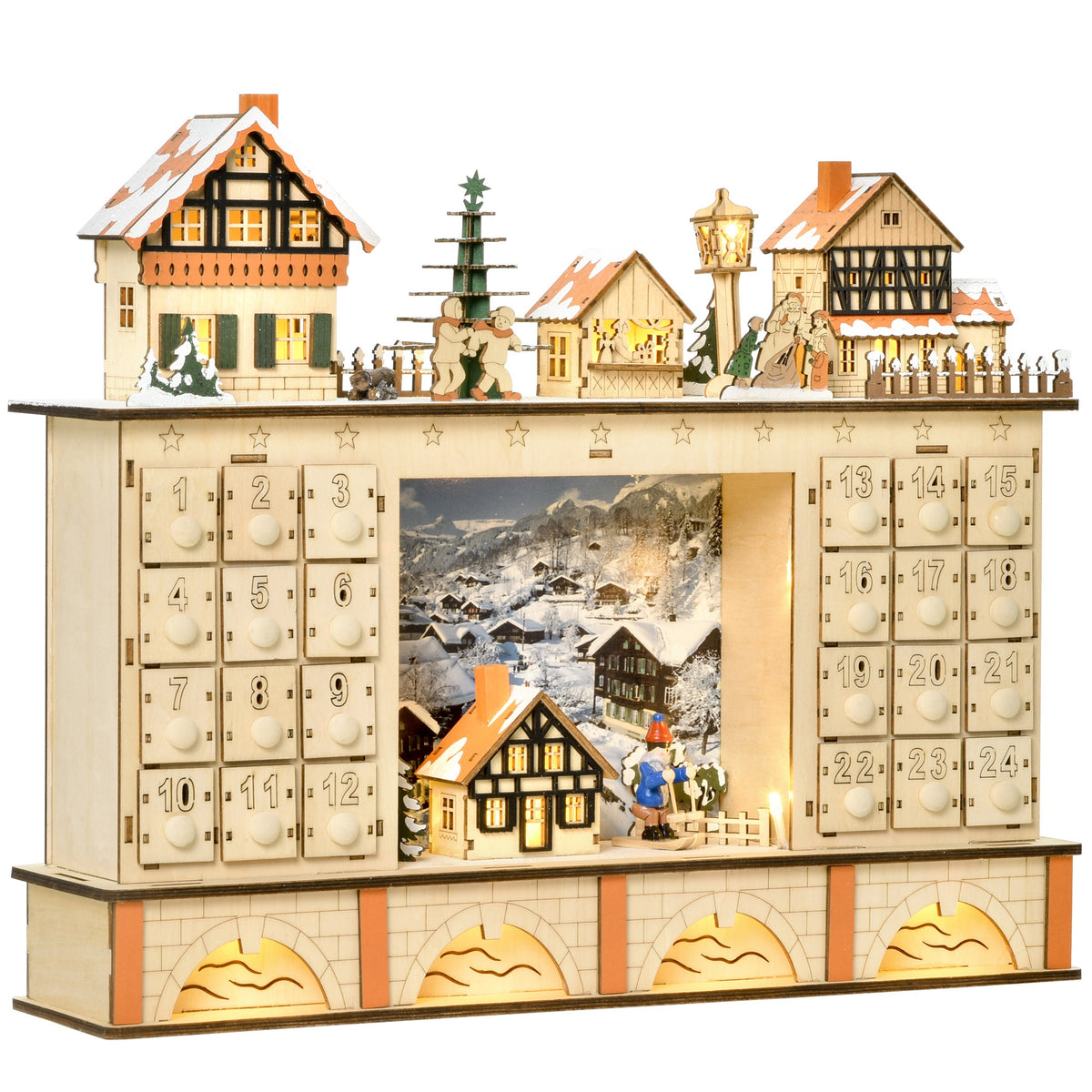 Calendario de Adviento de madera con forma de pueblo navideño y 24 cajones