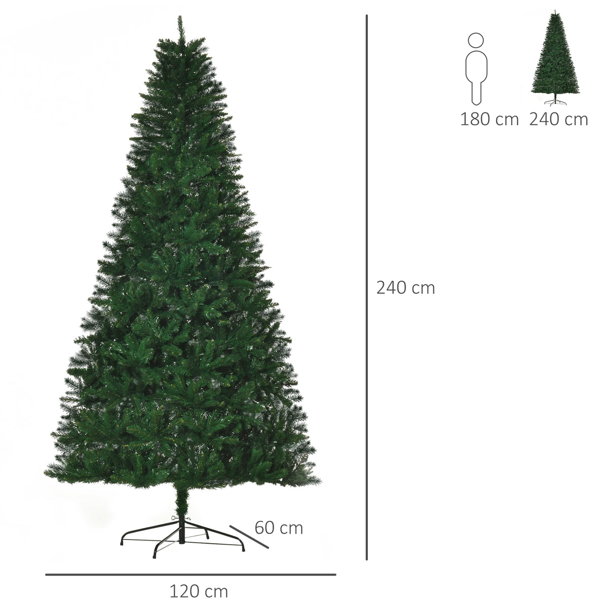 Medidas del abeto de Navidad: 240 cm de alto, 120 cm de diámetro y base de 60 cm