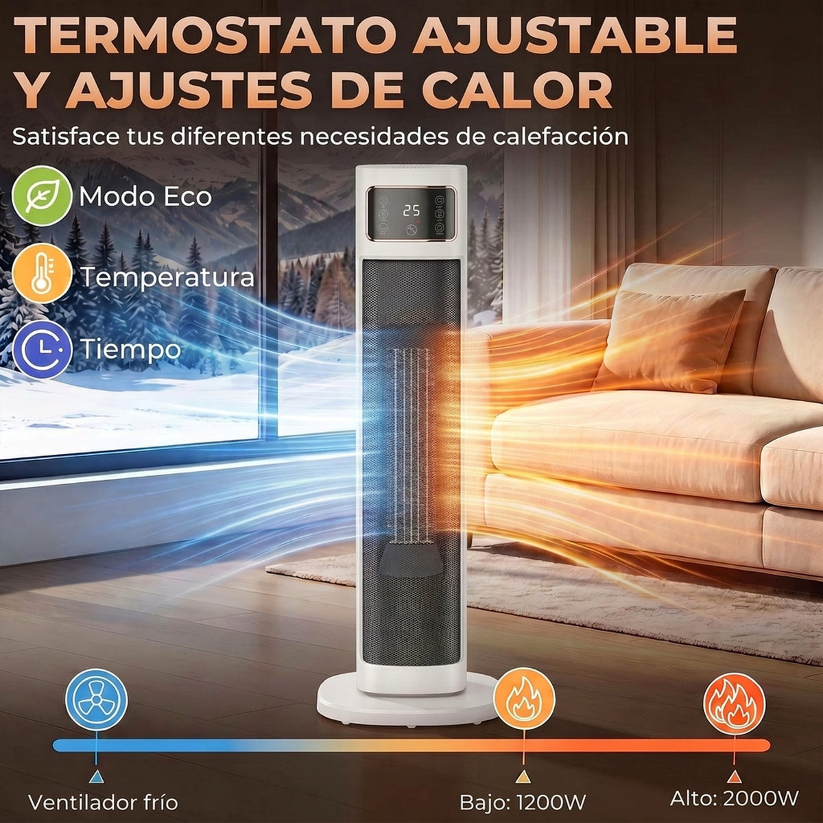 Cuatro modos: ventilador, 1200 W, 2000 W y ECO