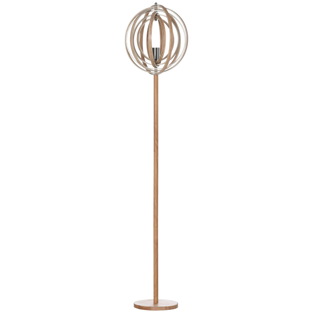 Lámpara de pie de aros de madera con la pantalla orientada, vista de frente sobre fondo blanco