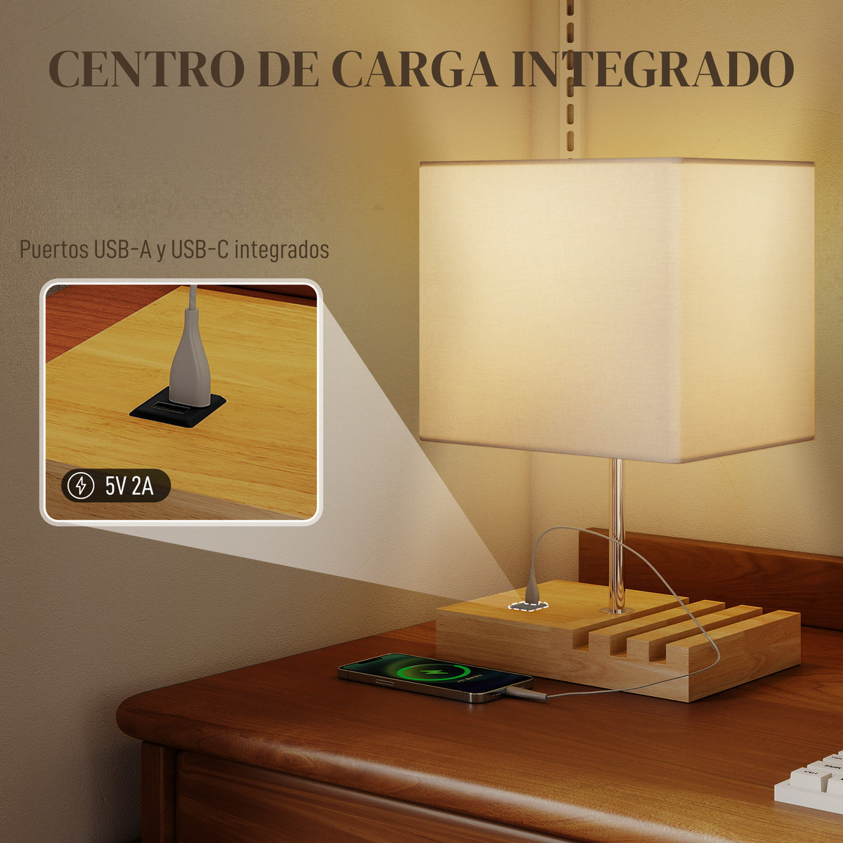 Puertos USB-A y USB-C para cargar tus dispositivos