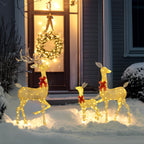 Familia de ciervos luminosos junto a la puerta de una casa con corona navideña y nieve