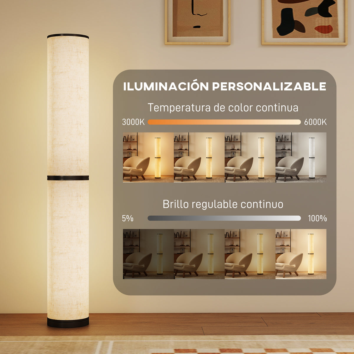 Iluminación personalizable: temperatura de color continua de 3000 K a 6000 K y brillo regulable de forma continua