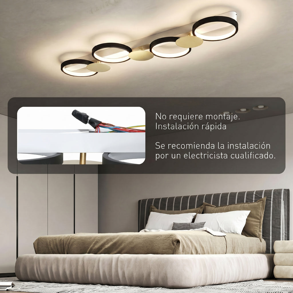 Plafón LED de techo con cuatro anillos negros y dorados, vista 6