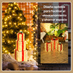 Diseño plegable para facilitar el almacenamiento y ahorrar espacio, con las cajas junto a un árbol de Navidad