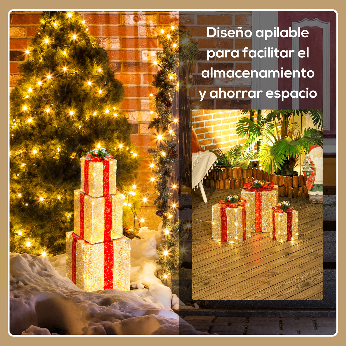 Diseño plegable para facilitar el almacenamiento y ahorrar espacio, con las cajas junto a un árbol de Navidad