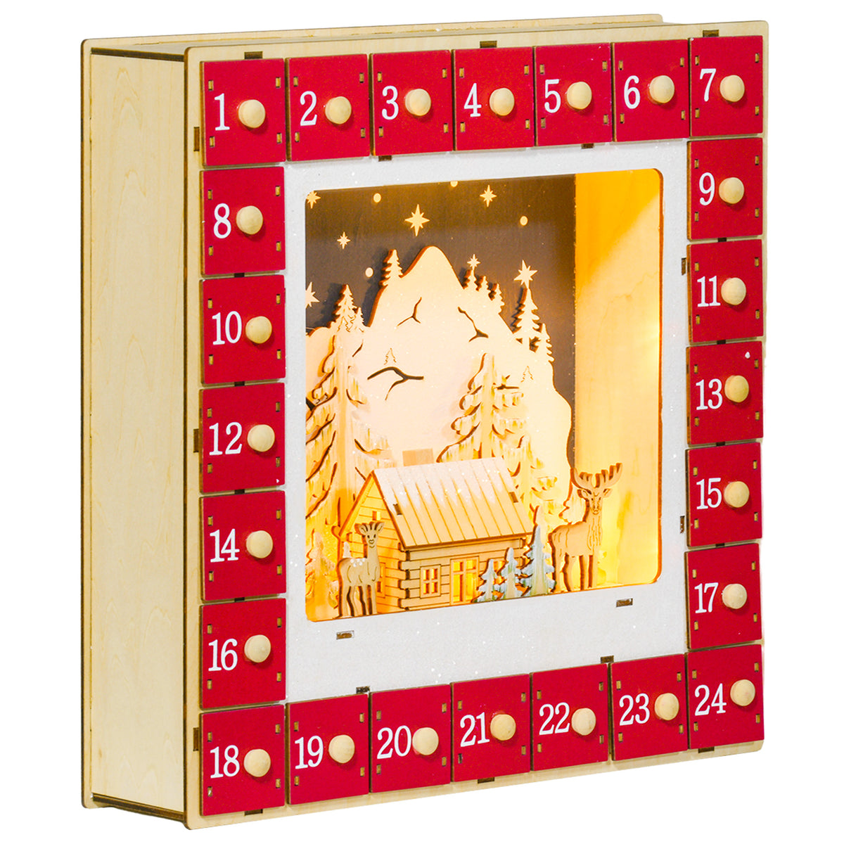 Calendario de Adviento rojo con 24 cajones y luz cálida, vista en perspectiva