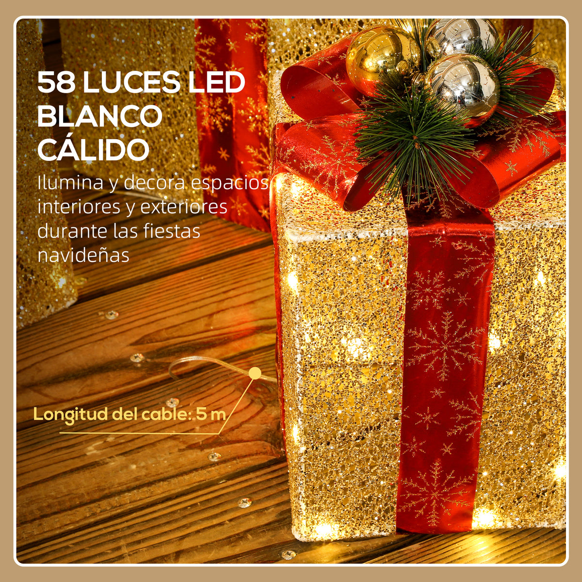 58 luces LED blanco cálido: detalle de la caja de regalo con lazo rojo y bolas doradas