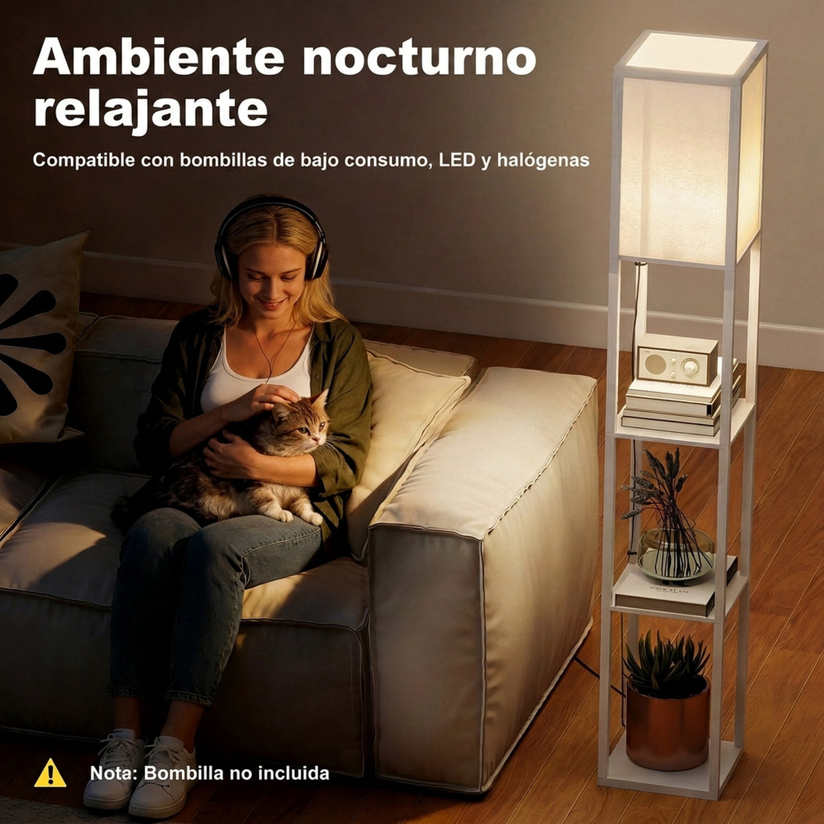 Lámpara de pie blanca con estantería de 3 baldas, vista 6