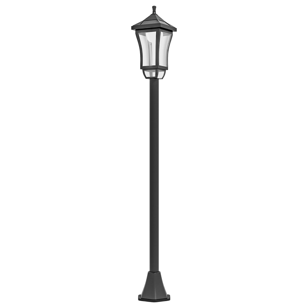 Farol solar de jardín negro con anclaje de suelo sobre fondo blanco