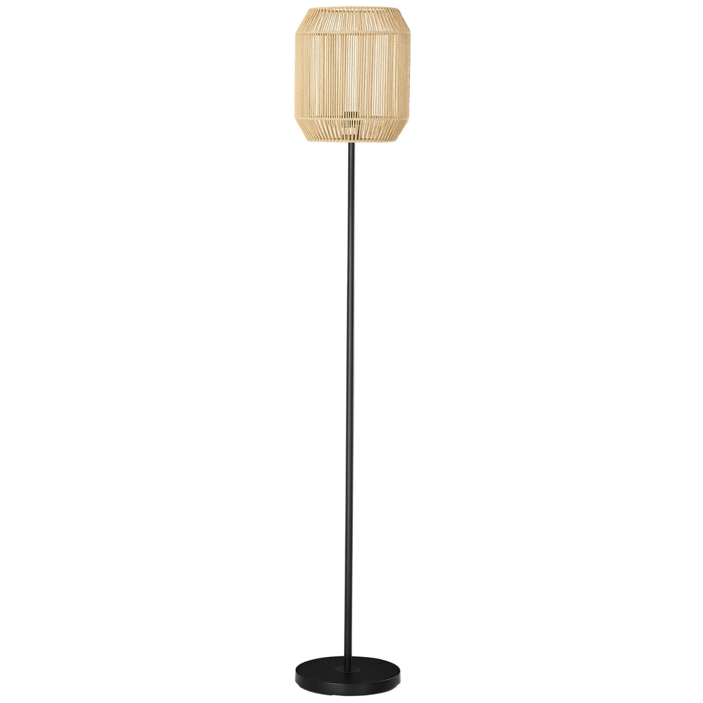 Lámpara de pie negra con pantalla de cuerda de papel de estilo natural, vista frontal sobre fondo blanco