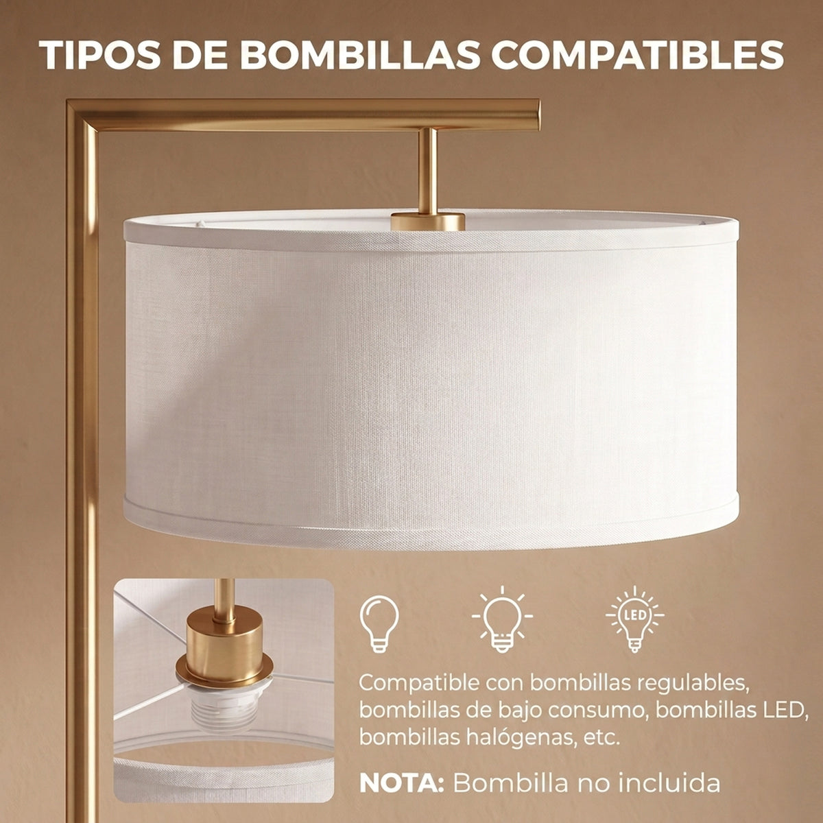 Pantalla de lino y tipos de bombillas compatibles de la lámpara de pie dorada