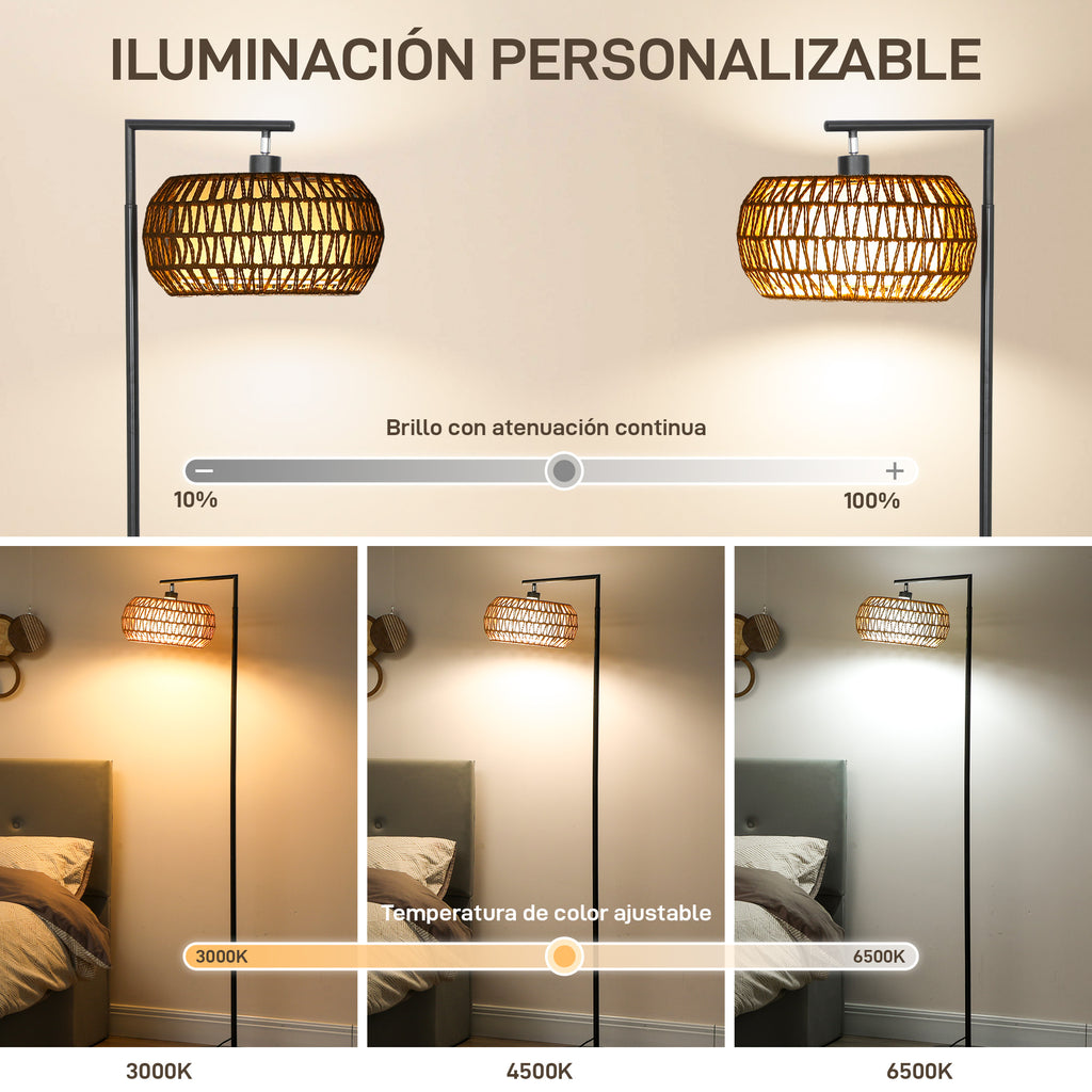 Lámpara de pie boho negra con doble pantalla de papel y tela, vista 4
