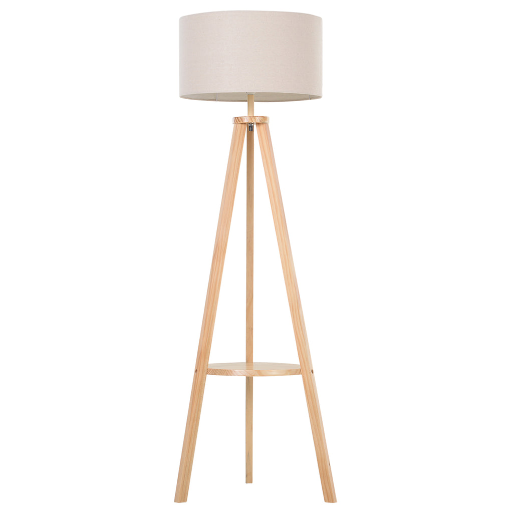 Lámpara de pie trípode de madera con pantalla de lino beige y estante