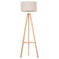 Lámpara de pie trípode de madera con pantalla de lino beige y estante
