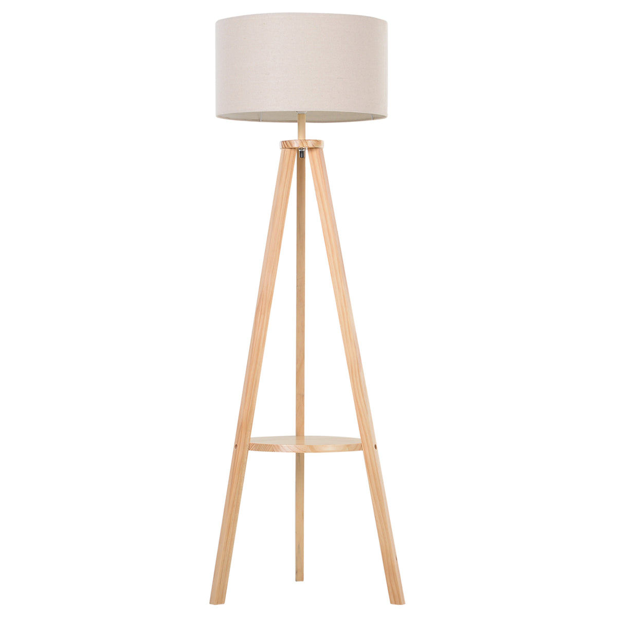 Lámpara de pie trípode de madera con pantalla de lino beige y estante