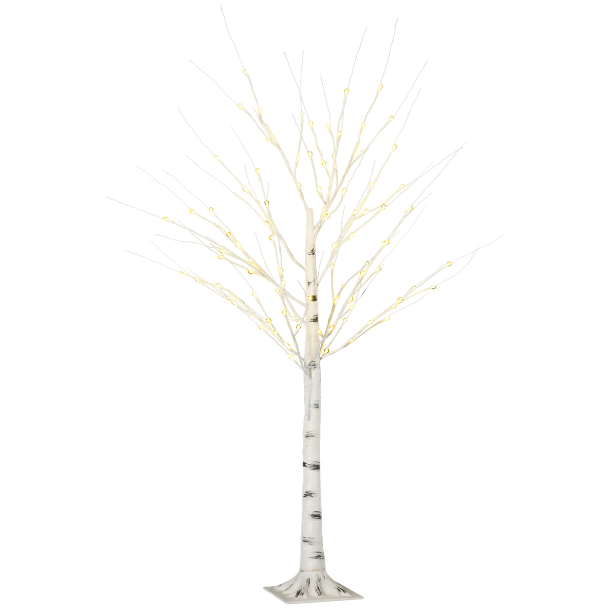Árbol de abedul luminoso de 150 cm con luces cálidas, vista completa sobre fondo blanco