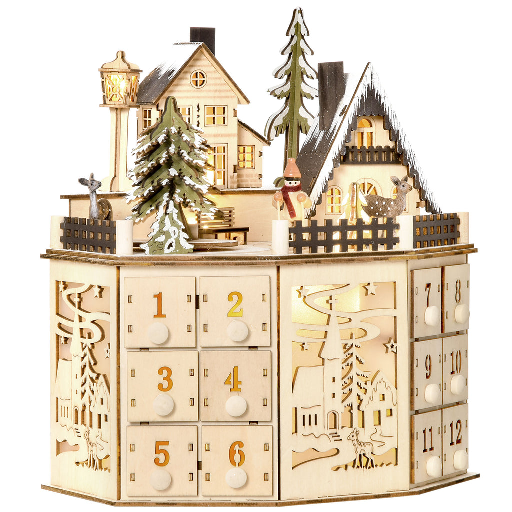 Calendario de Adviento de madera en forma de pueblo navideño con 24 cajones