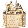 Calendario de Adviento de madera en forma de pueblo navideño con 24 cajones