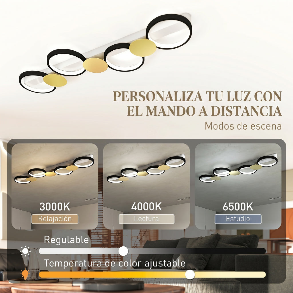 Plafón LED de techo con cuatro anillos negros y dorados, vista 5