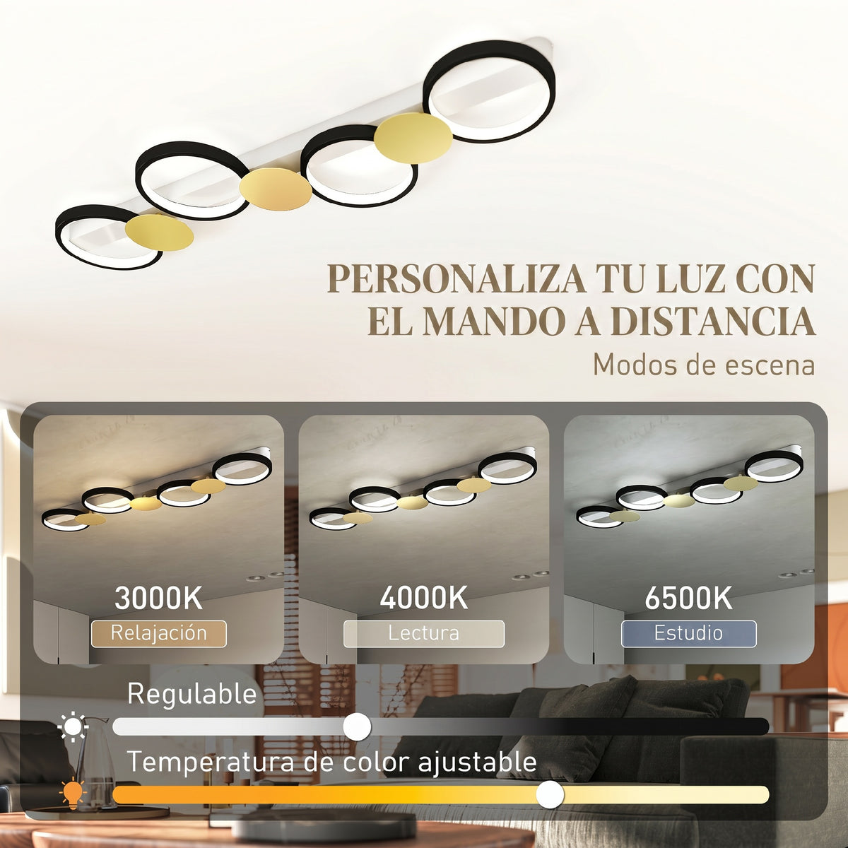 Plafón LED de techo con cuatro anillos negros y dorados, vista 5