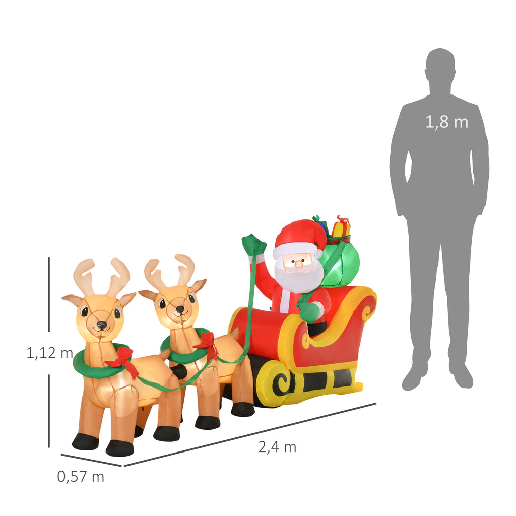 Medidas del Papá Noel con trineo y renos hinchables: 2,4 m de largo, 1,12 m de alto y 0,57 m de fondo, junto a una silueta humana