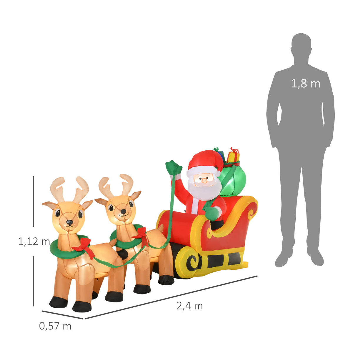 Medidas del Papá Noel con trineo y renos hinchables: 2,4 m de largo, 1,12 m de alto y 0,57 m de fondo, junto a una silueta humana