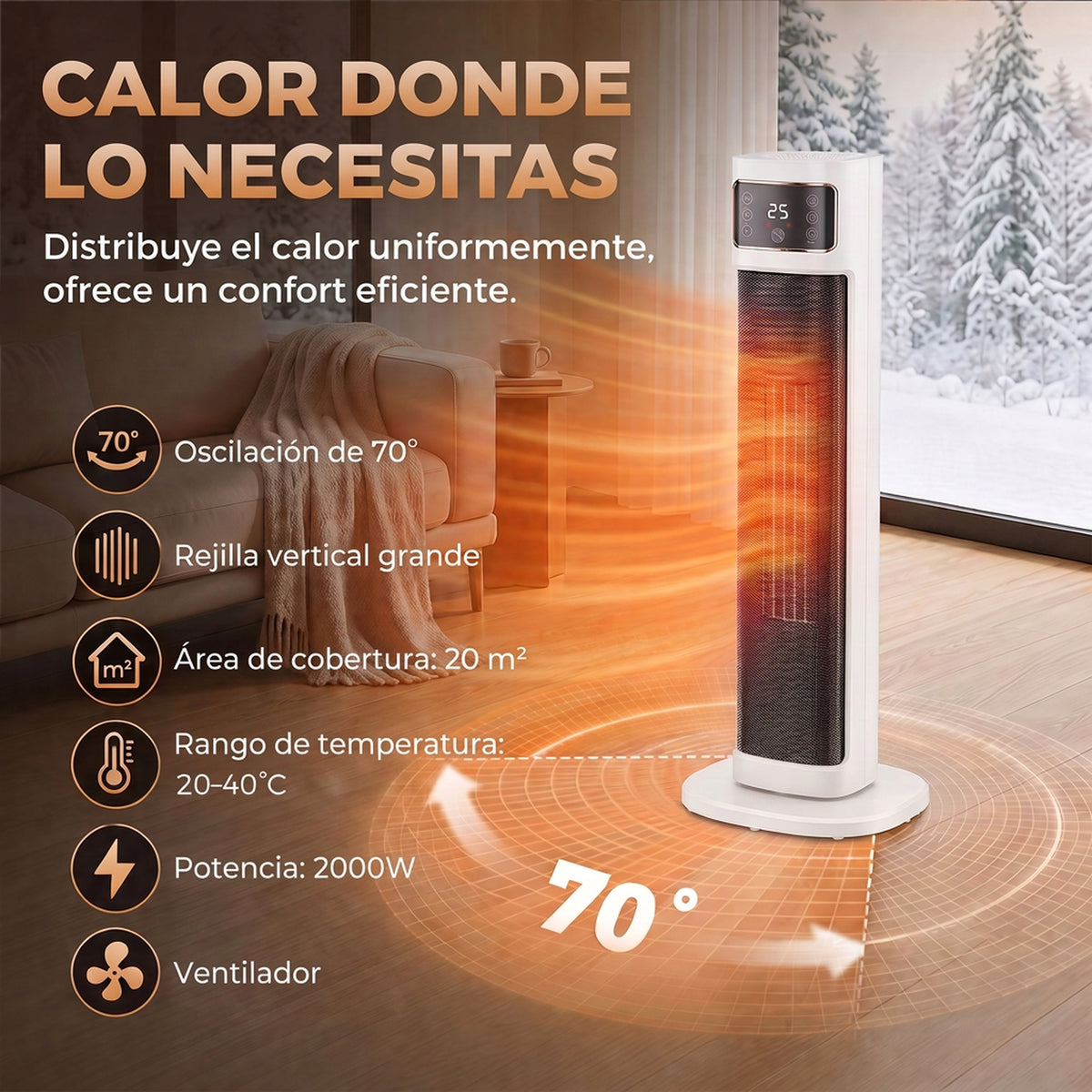 Rejilla vertical amplia y oscilación de 70°