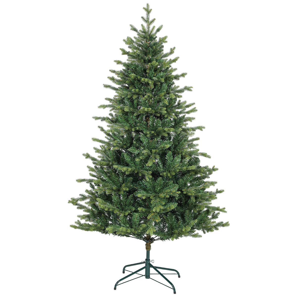 Abeto de Navidad realista verde de 180 cm, vista de tres cuartos sobre fondo blanco