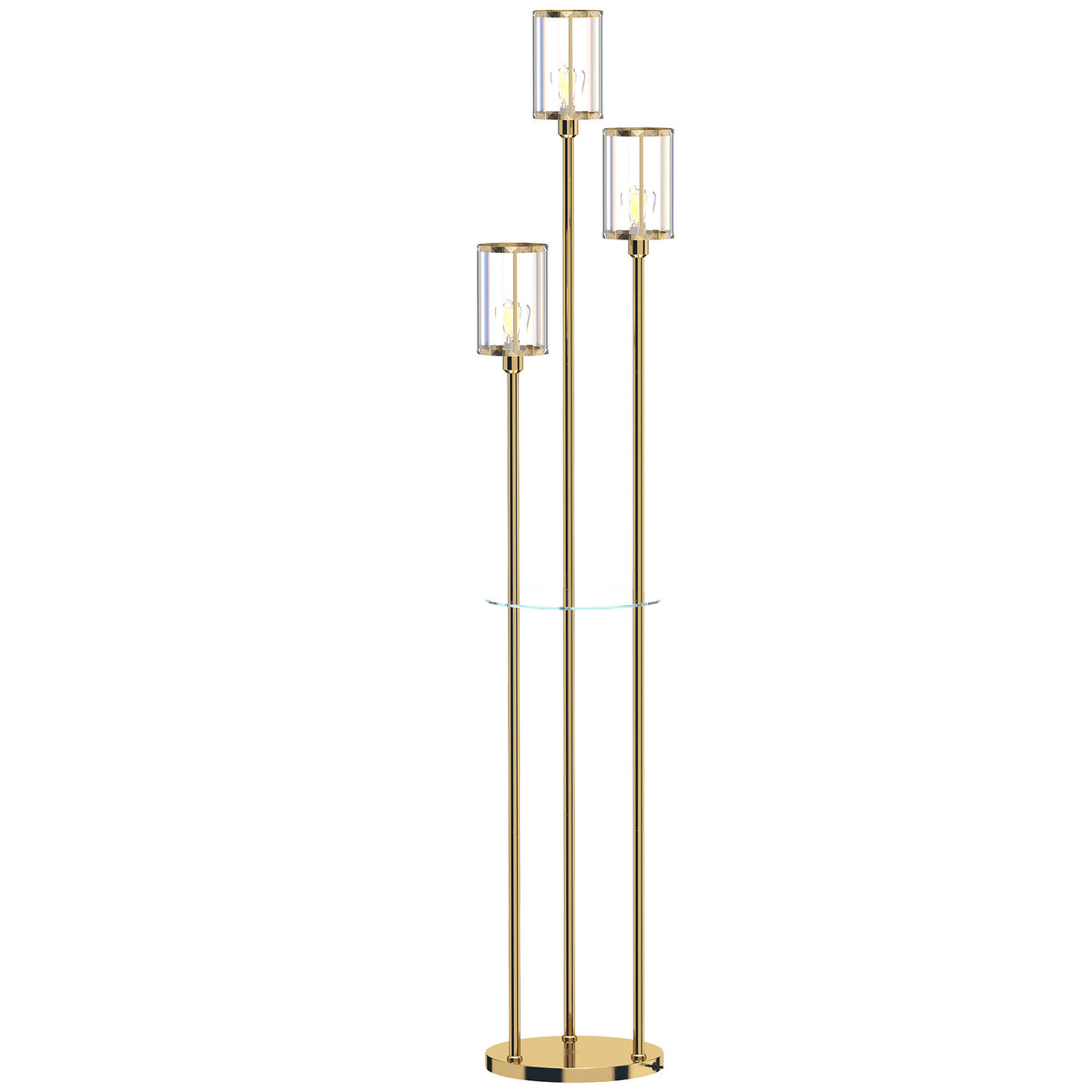 Lámpara de pie dorada de 3 luces con pantallas de cristal tallado y repisa de vidrio