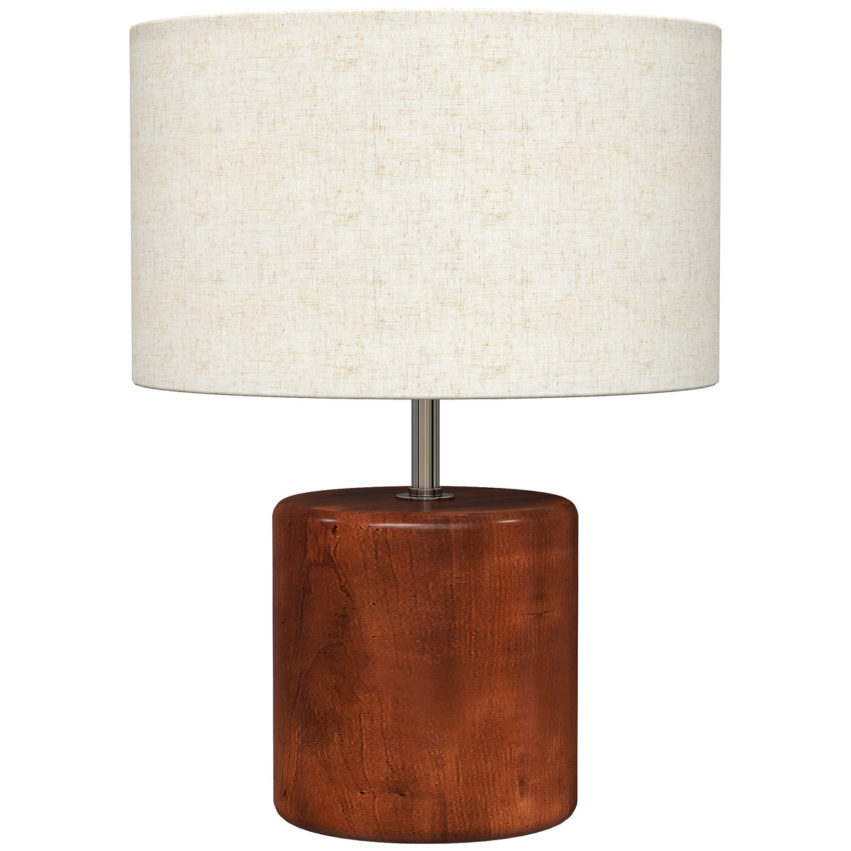 Lámpara de mesa rústica con base de madera maciza y pantalla de lino beige sobre fondo blanco