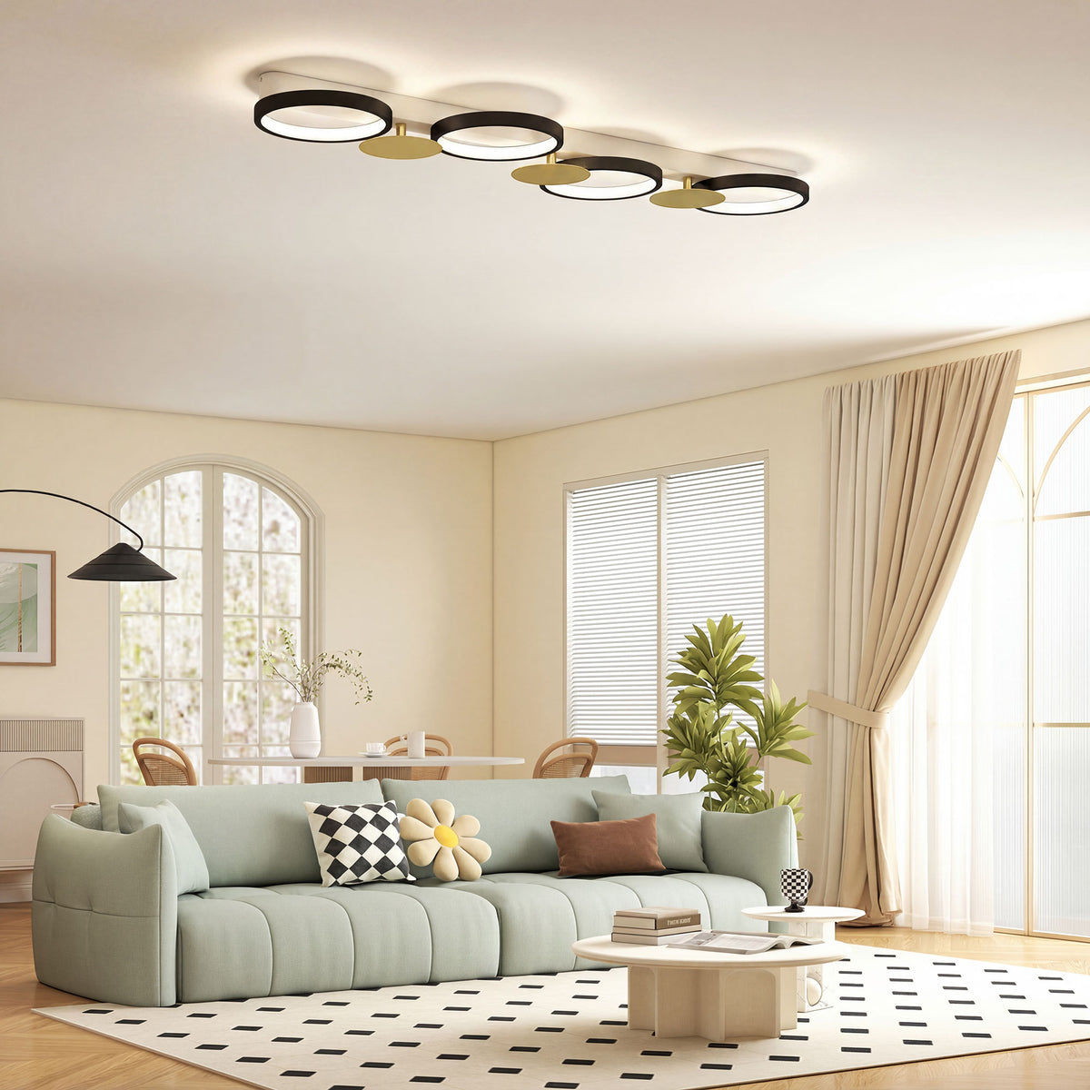 Plafón LED de techo con cuatro anillos negros y dorados, vista 2