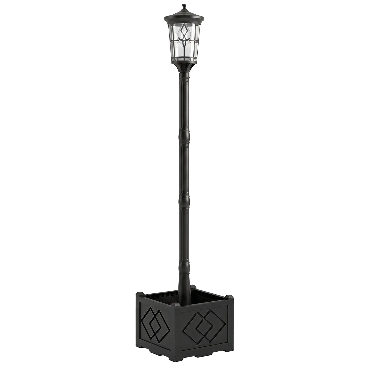 Farola solar de jardín negra con macetero sobre fondo blanco