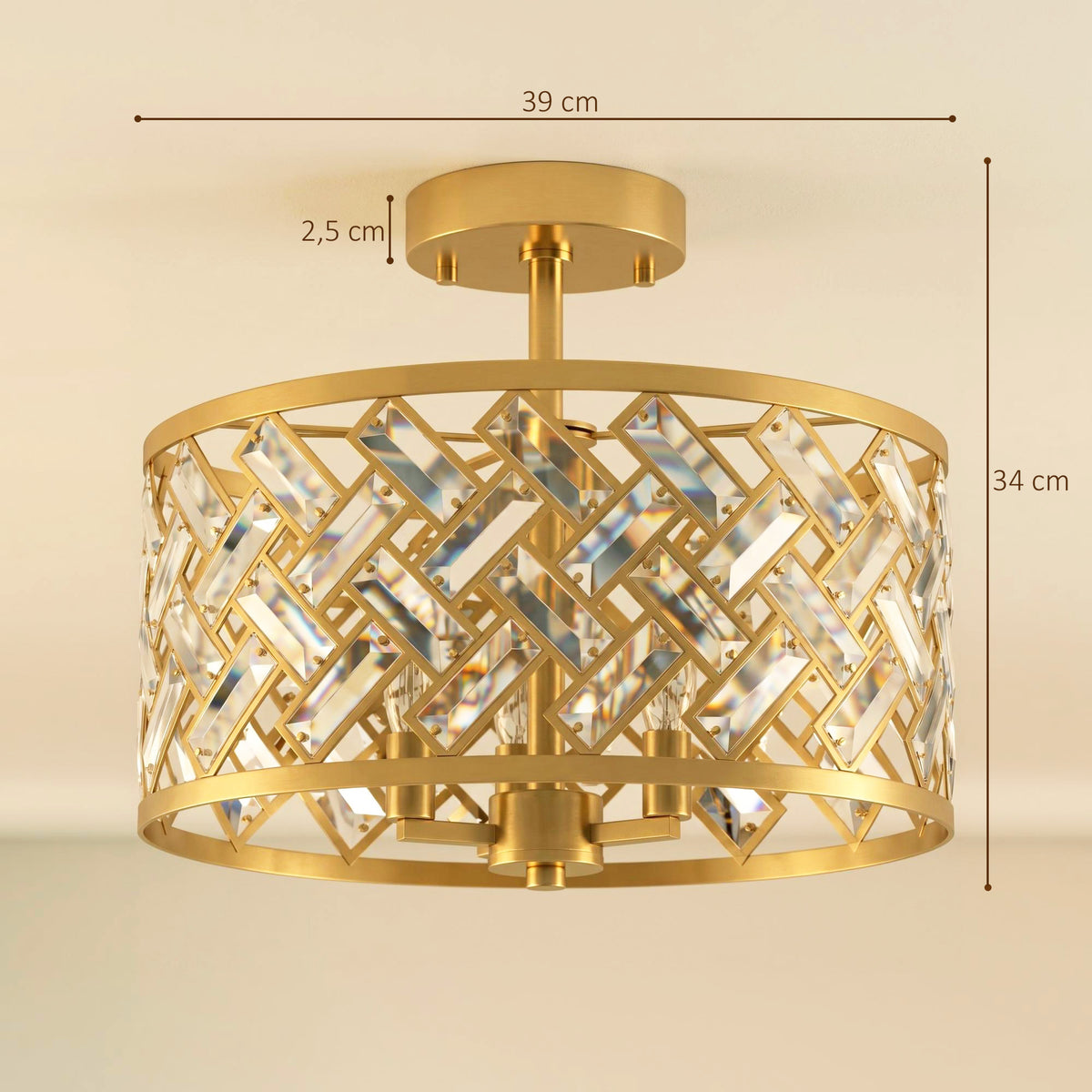 Medidas del plafón de techo: Ø 39 cm de ancho, 34 cm de alto y placa de techo de 2,5 cm